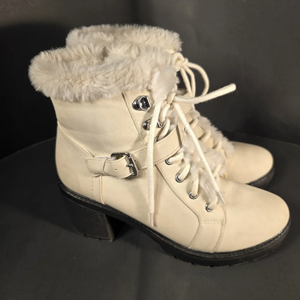 Esprit Elaine Leather Lace Up Ankle Boots Winter White Faux Fur Block Heel Sz 8M